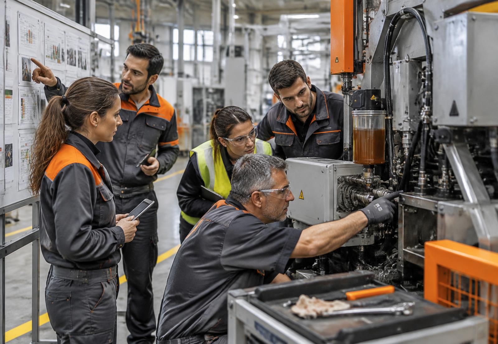 Equipo de producción y mantenimiento inspeccionando una máquina industrial